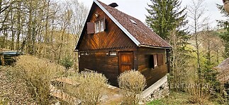 Dřevěná chata s šikmou střechou, obklopená stromy. Konstrukce z masivního dřeva, venkovský styl, klidné okolí.