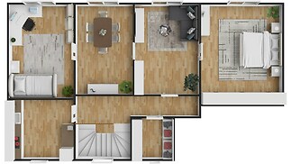 Půdorys bytu s parketovou podlahou zahrnuje moderní obývací pokoj, prostornou ložnici a stylovou jídelnu, ideální pro rodinné bydlení.