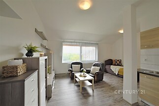 Světlý obývací pokoj s parketovou podlahou a velkými okny, moderní interiér s elegantním nábytkem a dekoracemi, propojený s kuchyňským koutem.