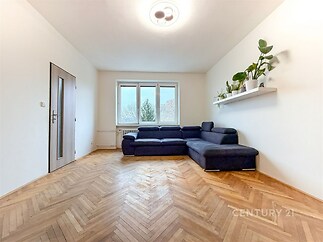 Světlý obývací pokoj s parketovou podlahou a velkými okny, moderní nástěnná police se zelenými rostlinami, rekonstruovaný interiér