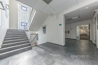 Světla vstupní hala s dlažbou a moderními prvky, doplněná schodištěm a skleněnými tvárnicemi pro přirozené světlo, vhodná pro komerční prostory