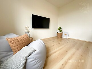 obývací pokoj s televize a dřevěná podlaha