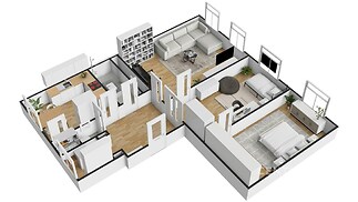 3D půdorys bytu se světlým obývacím pokojem, parketovou podlahou a velkými okny. Moderní kuchyň a prostorná ložnice s vestavěnými skříněmi.