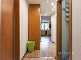 Chodba s laminátovou podlahou, moderním osvětlením a dřevěnými dveřmi, vede do světlé kuchyně s velkými okny.