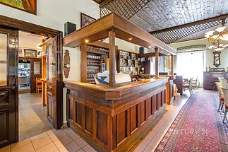 Stylový barový prostor s dřevěnou konstrukcí, dlažbou na podlaze a velkými okny, které poskytují mnoho světla, vhodný pro restauraci nebo kavárnu.