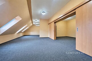 Podkrovní pokoj s šikmými stropy, světlý prostor s velkými střešními okny a moderním koberem, dřevěné posuvné dveře oddělují místnosti.