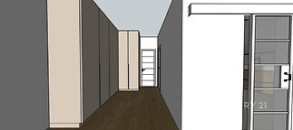 Chodba s tmavou dřevěnou podlahou, moderní vestavěné skříně, světlé stěny, minimalismus.