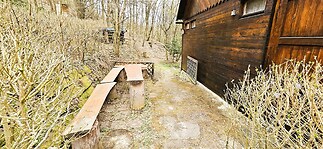 Dřevěná chata s přírodní terasou, obklopená lesem, nabízí klidné místo k odpočinku. Rustikální dřevo na stěnách dodává autentický vzhled.