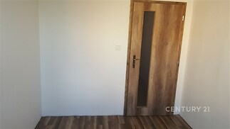 Pokoj s dřevěnou podlahou a dveřmi, světlé stěny, moderní provedení, vhodný pro rekonstrukci nebo jako prázdná místnost k zařízení.