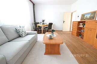 Světlý obývací pokoj s dřevěnou podlahou, pohodlnou šedou pohovkou a jídelním koutem, prostorný a moderní.