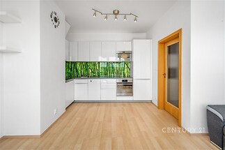 Moderní kuchyň s parketovou podlahou, lesklými bílými skříněmi a skleněným obkladem s motivem bambusu, světlé dveře přidávají na prostornosti.