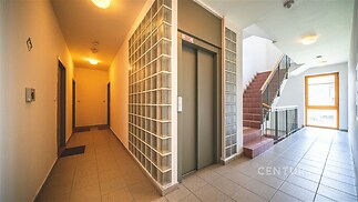 Společná vstupní hala s moderním výtahem, dlažba na podlaze, světlé stěny a skleněné cihly pro větší světlost prostoru.