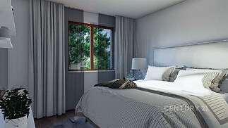 Světlá ložnice s velkými okny a parketovou podlahou, moderní design a vkusně zařízené, poskytuje útulný prostor k relaxaci.