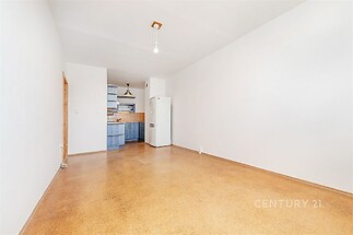 Světlý obývací pokoj s parketovou podlahou, moderní kuchyň s dřevěnou pracovní deskou, minimalistický design, velký prostor pro komfortní bydlení