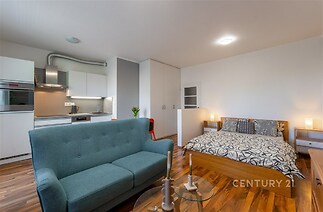 Prostorný obývací pokoj s parketovou podlahou zahrnuje moderní kuchyňský kout a ložnici, vestavěné skříně a kvalitní nábytek.