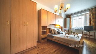 Prostorná ložnice s dřevěným nábytkem, parketovou podlahou a velkými okny, moderní styl, vestavěné skříně poskytují dostatek úložného prostoru.