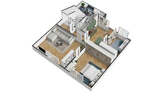 3D půdorys bytu se světlým obývacím pokojem, parketová podlaha, moderní vybavení, prostorná ložnice s vestavěnými skříněmi