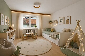 Dětský pokoj s parketovou podlahou, velká okna a vestavěné skříně v moderním stylu, světlý prostor s dekorativním osvětlením.