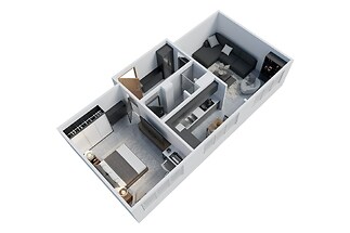 Podkrovní byt s moderní kuchyní, dlažba, vestavěné skříně, světlá ložnice a obývací pokoj v elegantním stylu vhodný pro rodinu.