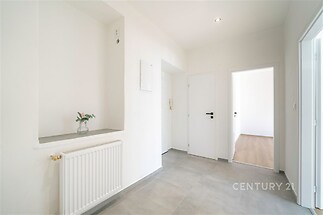 Prostorná vstupní hala s dlažbou, bílými stěnami a moderními dveřmi, ideální pro denní světlo, nově rekonstruovaná, vhodná pro předsíňové úložné prostory.