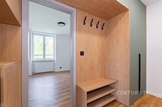 Vstupní chodba s vestavěnou skříní, dřevěnými povrchy a parketovou podlahou vede do světlého pokoje s velkými okny a moderním osvětlením.