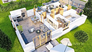 Otevřený obývací pokoj s moderní kuchyní, parketovou podlahou a velkými okny, propojující interiér s terasou a zahradou, světlé a vzdušné prostory.