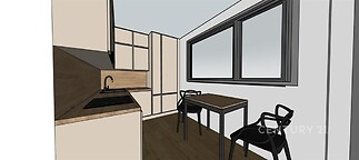 Moderní kuchyň s dřevěnou podlahou, bílými skříňkami a velkými okny, minimalistický design a kvalitní povrchové úpravy