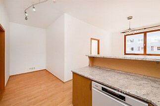 Světlá kuchyň s moderními spotřebiči, pult s kamennou deskou, parketová podlaha, velká okna pro přirozené světlo, rekonstruovaný styl.