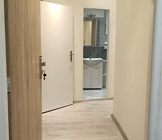 Úzká chodba s dřevěnou podlahou, moderní osvětlení, bílé stěny, dveře vedou do koupelny s dlažbou a umyvadlem, dobrý stav.