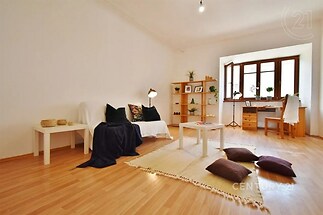 obývák-jídelna s přirozené světlo a dřevěná podlaha