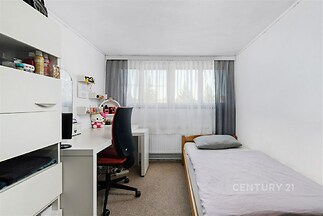 Útulná ložnice s velkým oknem a minimalistickým nábytkem, koberec a pohodlná postel, ideální pro moderní bydlení