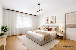 Světlá ložnice s parketovou podlahou, velkými okny a moderním designem, doplněná neutrálními barvami a elegantním nábytkem.