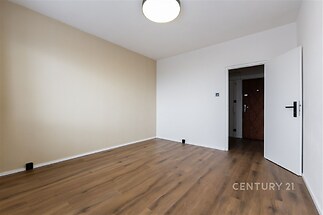 Prázdná místnost s dřevěnou podlahou, světlými stěnami a moderními dveřmi; nový interiér ideální k úpravám.