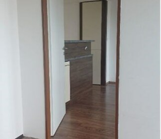 Vstupní prostor s dřevěnou podlahou, který vede do moderní kuchyně s tmavým obkladem.