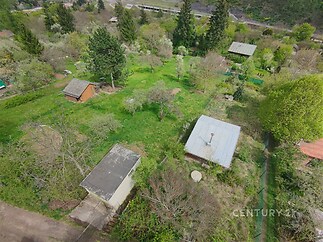 Rozlehlá zahrada s ovocnými stromy, trávník, dřevěná chatka, plechová střecha, přírodní prostředí, ideální pro rekreaci nebo pěstování.
