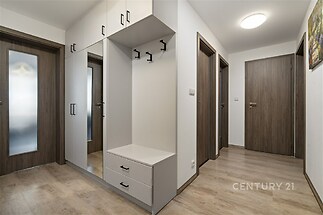 Moderní předsíň s vestavěnými skříněmi, světlou dřevěnou podlahou a elegantními dveřmi, poskytující čistý a upravený vzhled.