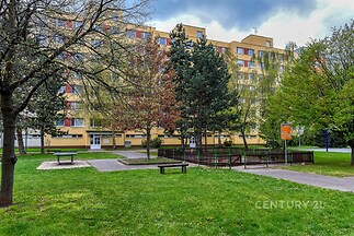 Vícepatrový bytový dům s barevnou fasádou obklopený vzrostlými stromy a udržovaným parkem v klidné lokalitě.