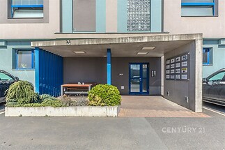 Vstupní prostor s moderním designem a betonovou dlažbou, modrými okenicemi a udržovanou zelení nabízí praktické posezení a snadný přístup do budovy.