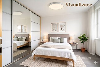 Moderní ložnice s velkými okny, parketovou podlahou a vestavěnými skříněmi. Světlý interiér s moderním nábytkem a dekoracemi.