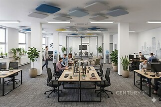 Moderní kancelářský prostor s otevřeným uspořádáním, kvalitní koberec, velká okna zajišťující dostatek světla, ergonomický nábytek.