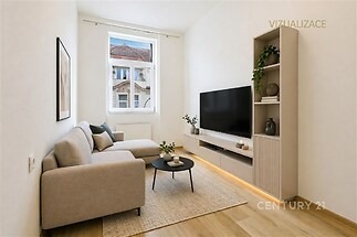 Světlý obývací pokoj s parketovou podlahou, moderní sedací soupravou a velkými okny poskytujícími dostatek přirozeného světla.