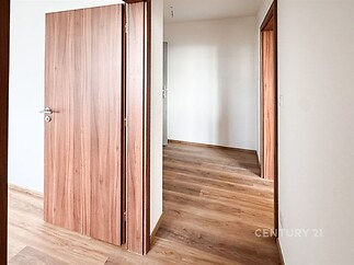 Průchozí chodba s dřevěnými dveřmi a parketovou podlahou, světlé stěny vytvářejí moderní atmosféru interiéru.