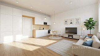 Světlý obývací pokoj s moderní kuchyní, parketová podlaha, velká okna, minimalistický design, světlé stěny a stylový nábytek.