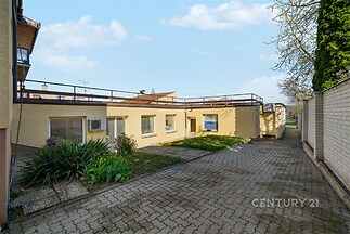 Jednopodlažní dům s plochou střechou, dlážděným dvorem a udržovanou zahradou, v klidné lokalitě. Moderní fasáda a velká okna zajišťují světlost.