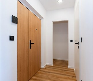 Světlá vstupní chodba s parketovou podlahou a moderními dveřmi, neutrální bílá malba, vestavěné osvětlení pro elegantní vzhled.