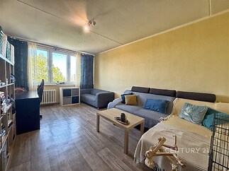 Světlý obývací pokoj s parketovou podlahou, velkými okny a moderním nábytkem, ideální pro relaxaci a rodinné setkání.