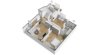 Prostorný obývací pokoj s parketovou podlahou a moderním nábytkem, propojený s kuchyní a jídelnou v otevřeném konceptu, světlý interiér.