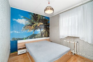 Ložnice s parketovou podlahou, velká okna s bílými záclonami, moderní tapeta s tropickým motivem, prostorná a světlá atmosféra.