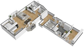 Půdorys bytu se světlým obývacím pokojem, dřevěná podlaha, moderní a prostorné pokoje, vestavěné skříně, elegantní interiér.