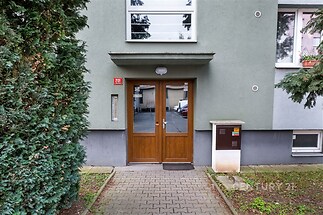 Vstupní dveře obytného domu s dřevěným rámem a prosklením, před domem zpevněná dlažba a zeleň, klidná rezidenční lokalita.